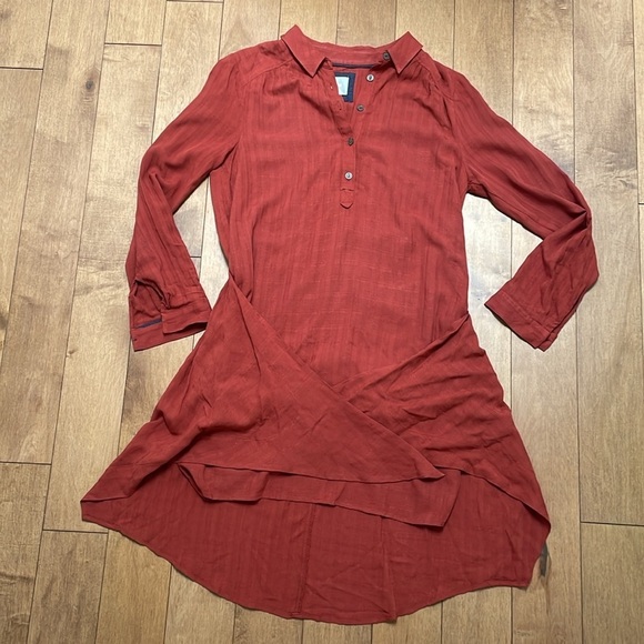 Maeve Anthropologie Bloomsbury Shirt Dress 8 Red Brown Rust Rayon Wrap Tie - Picture 11 of 13